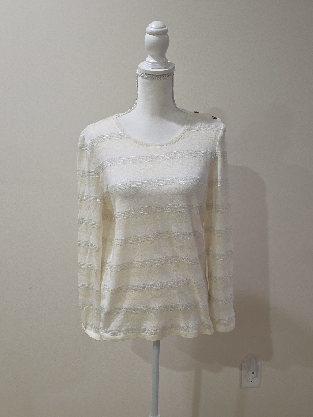 Jones New York Cream Striped Long-Sleeve Knit Top with Shoulder Buttons